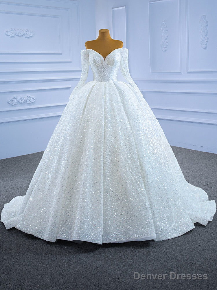 White Sequins Beading Long Sleeve Wedding Dress Main image