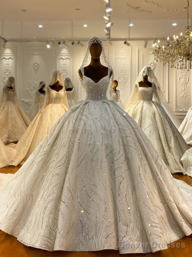 White Sequins Beading V-neck Backless Wedding Dress Main image