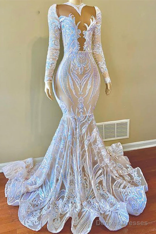 White Sequins Lace Mermaid Prom Dress With Long Sleeves Main image