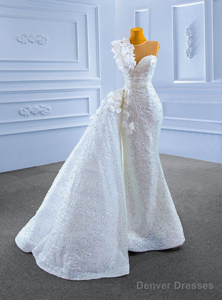 White Sequins Mermaid Pearls Appliques Wedding Dress Main image