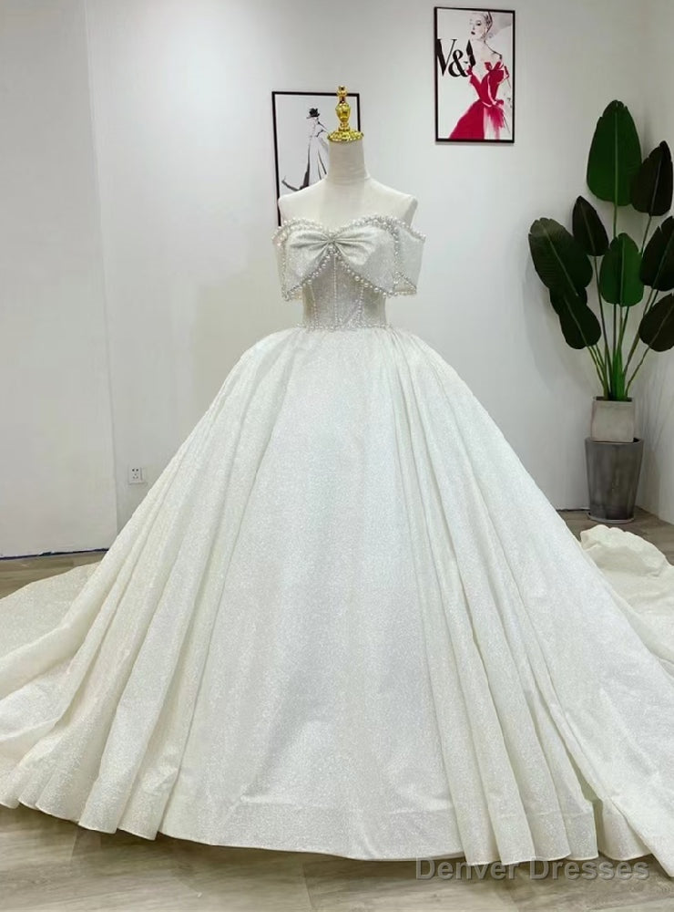 White Sequins Off the Shoulder Pearls Wedding Dress With Train Main image