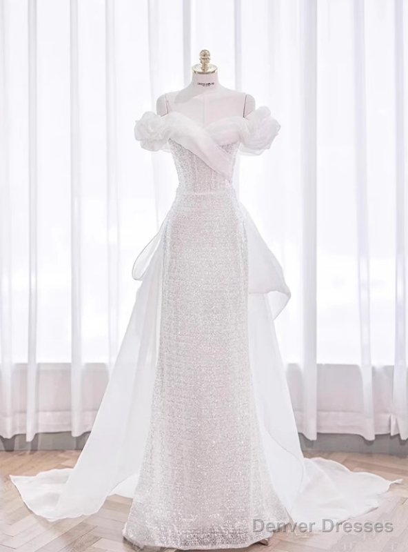 White Sequins Off the Shoulder Wedding Dress Main image