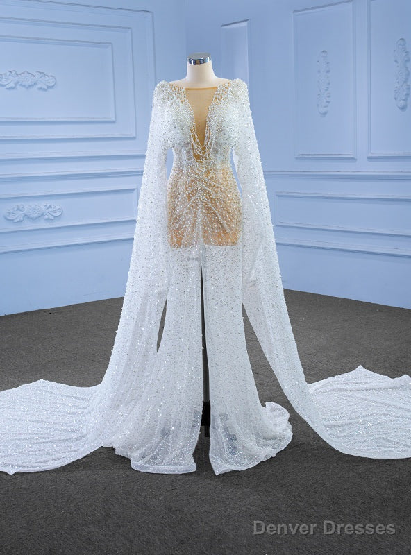White Sequins Pearls See Through Split Wedding Dress Main image