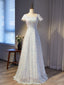 White Sequins Square Short Sleeve Prom Dress