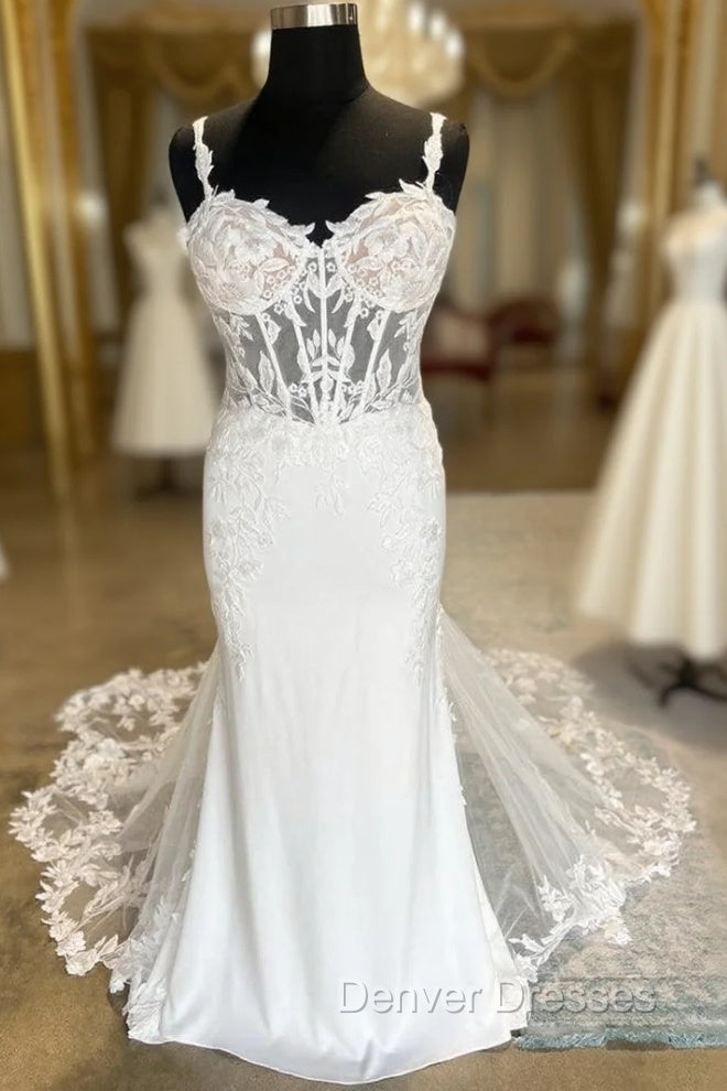 White Sheer Corset Mermaid Wedding Dress With Mesh Train Sexy Main image
