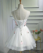White Short Cute Graduation Party Dress , Lovely Prom Dress , Formal Dress Tulle With Flowers