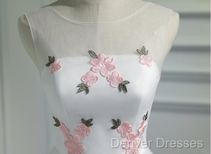 White Short Cute Graduation Party Dress , Lovely Prom Dress , Formal Dress Tulle With Flowers