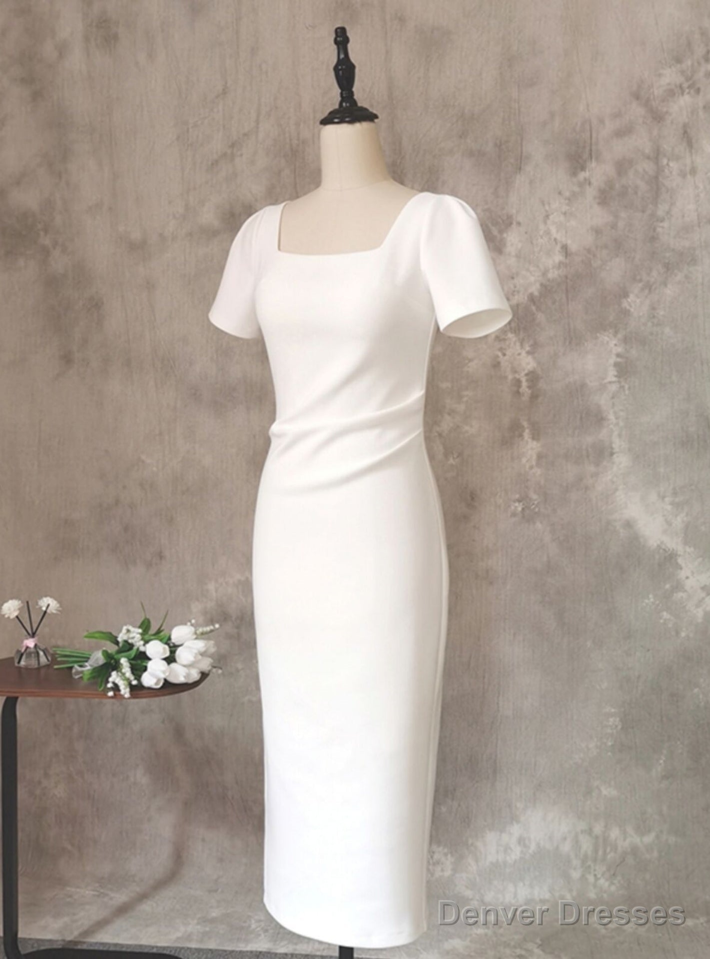 White Short Sleeve Pleats Wedding Dress Main image