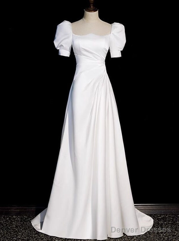 White Short Sleeve Square Neck Pleats Wedding Dress Main image