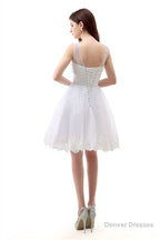 White Short Tulle Lace Knee Length Pearls Homecoming Dresses