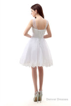 White Short Tulle Lace Knee Length Pearls Homecoming Dresses