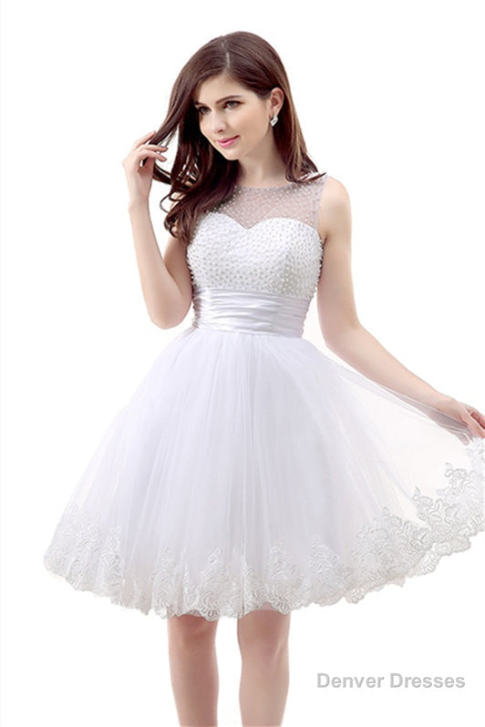 White Short Tulle Lace Knee Length Pearls Homecoming Dresses Main image
