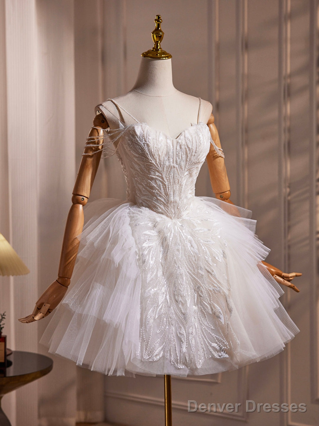 White Spaghetti Strap Tulle Beaded Short Prom Dress, Cute A-Line Party Dress Main image
