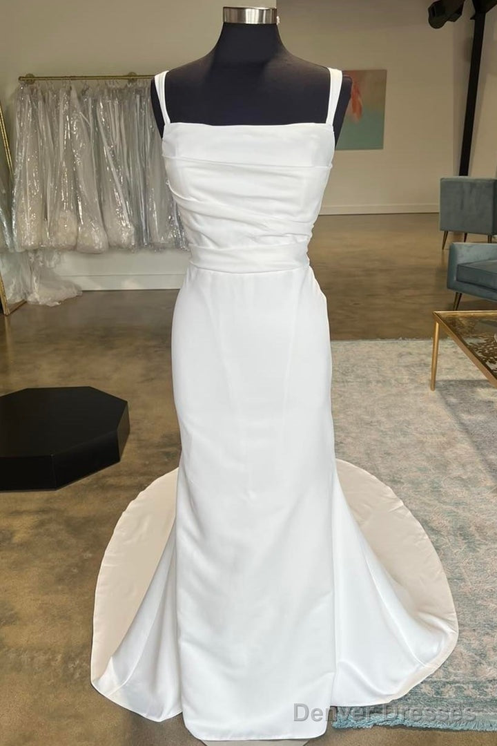 White Straight Neck Mermaid Long Wedding Dress Pure Color Main image