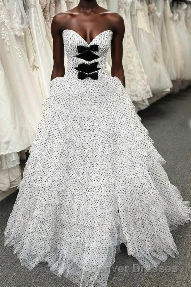 White Strapless Swiss Dot Layered Long Prom Dress Main image