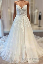 White Sweetheart A-Line Wedding Dress Tulle Lace Bridal Dress With Sweep Train Off Shoulder Elegant