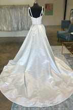 White Sweetheart Bow-Strap A-Line Long Modest Wedding Dress