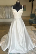 White Sweetheart Bow-Strap A-Line Long Modest Wedding Dress