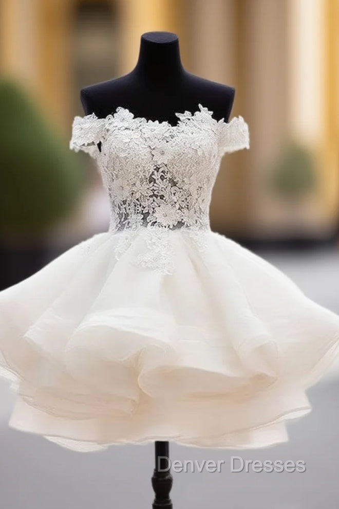 White Sweetheart Lace Applique Short Prom Dress, Cute White Homecoming Dress