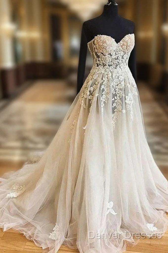 White Sweetheart Lace Applique Tulle Wedding Dress, Lace Wedding Gown, Lace Bridal Prom Dress