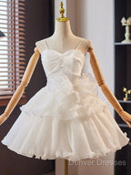 White Sweetheart Neck Organza Short Prom Dress, White Homecoming Dress