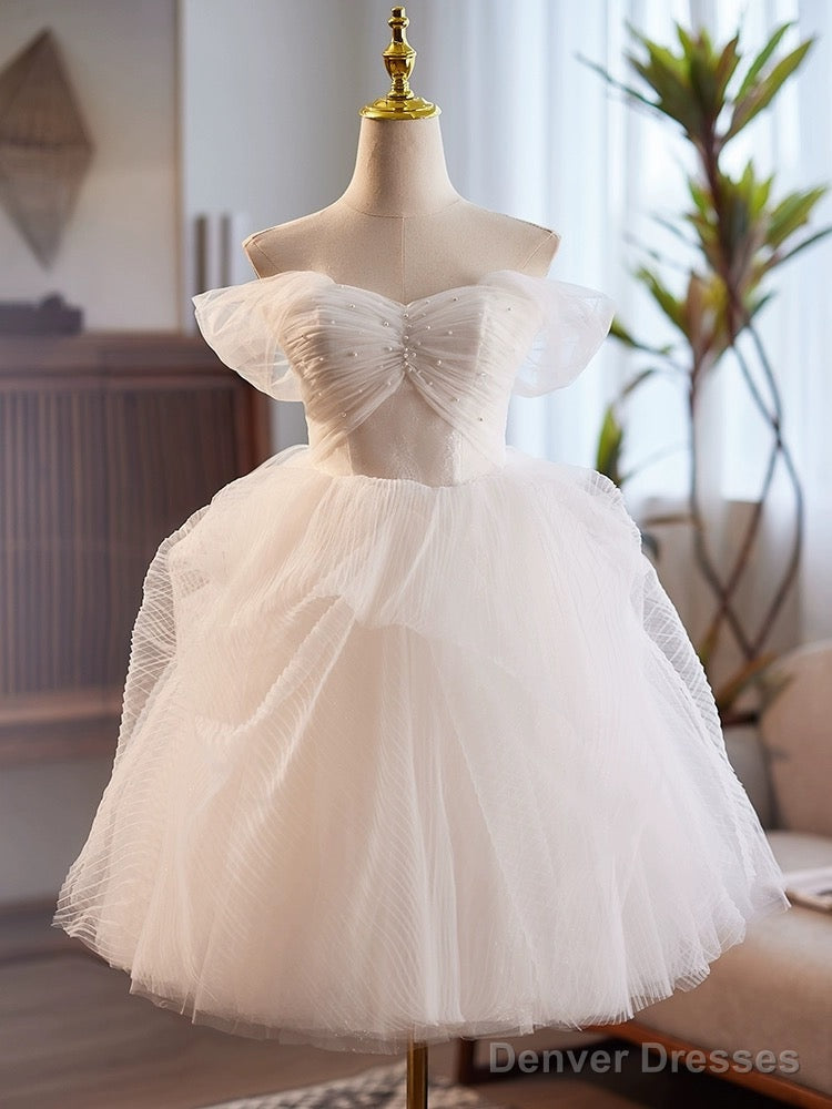 White Sweetheart Neck Tulle Lace Short Prom Dress, White Homecoming Dress Main image
