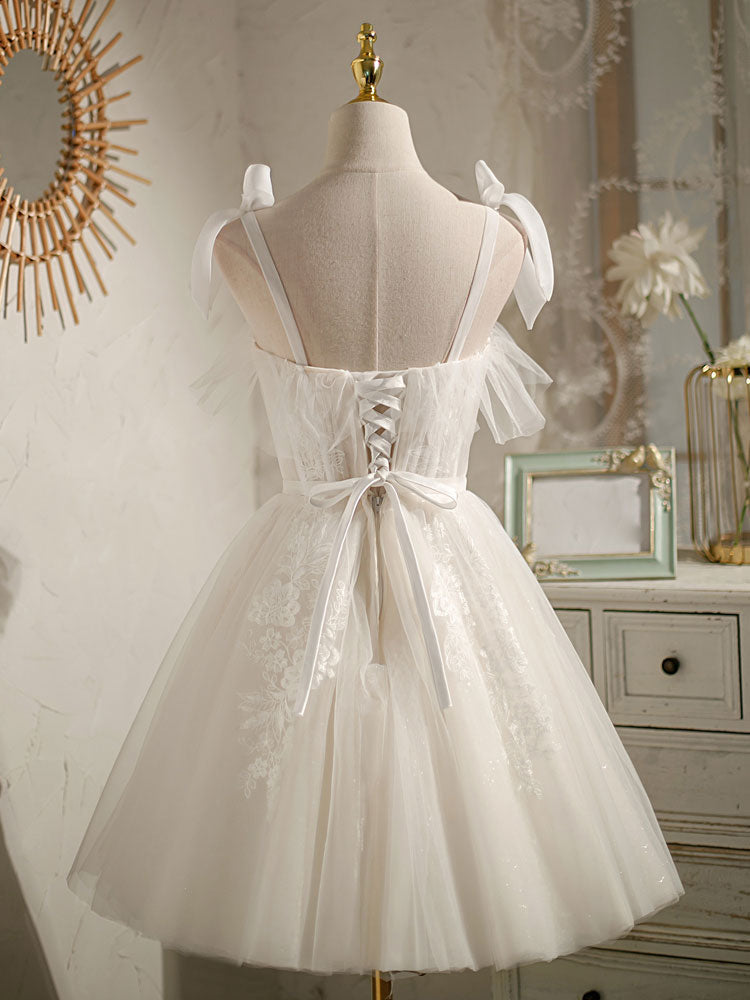 White Sweetheart Neck Tulle Lace Short Prom Dress, White Tulle Formal Dress