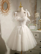 White Sweetheart Neck Tulle Lace Short Prom Dress, White Tulle Formal Dress