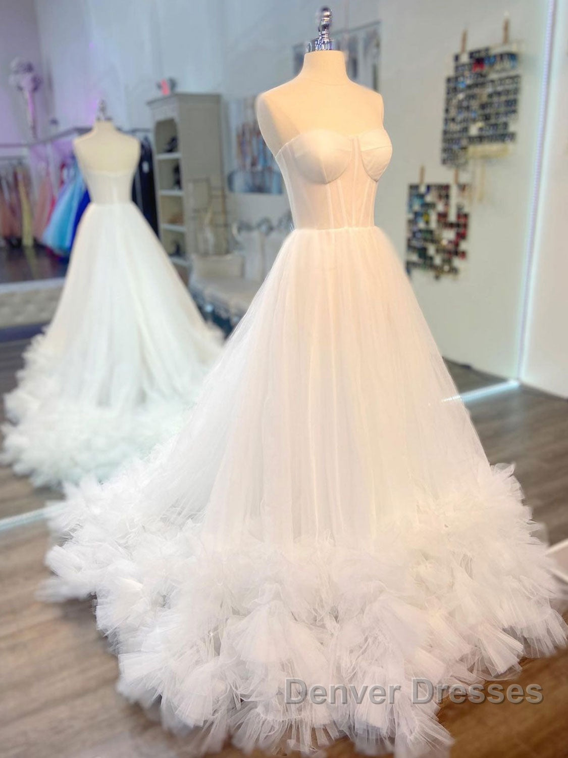 White sweetheart neck tulle long prom Dress white formal Dress