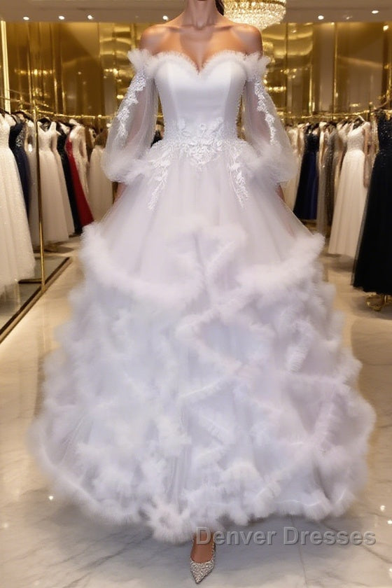 White sweetheart neck tulle long prom gown, white evening Dress