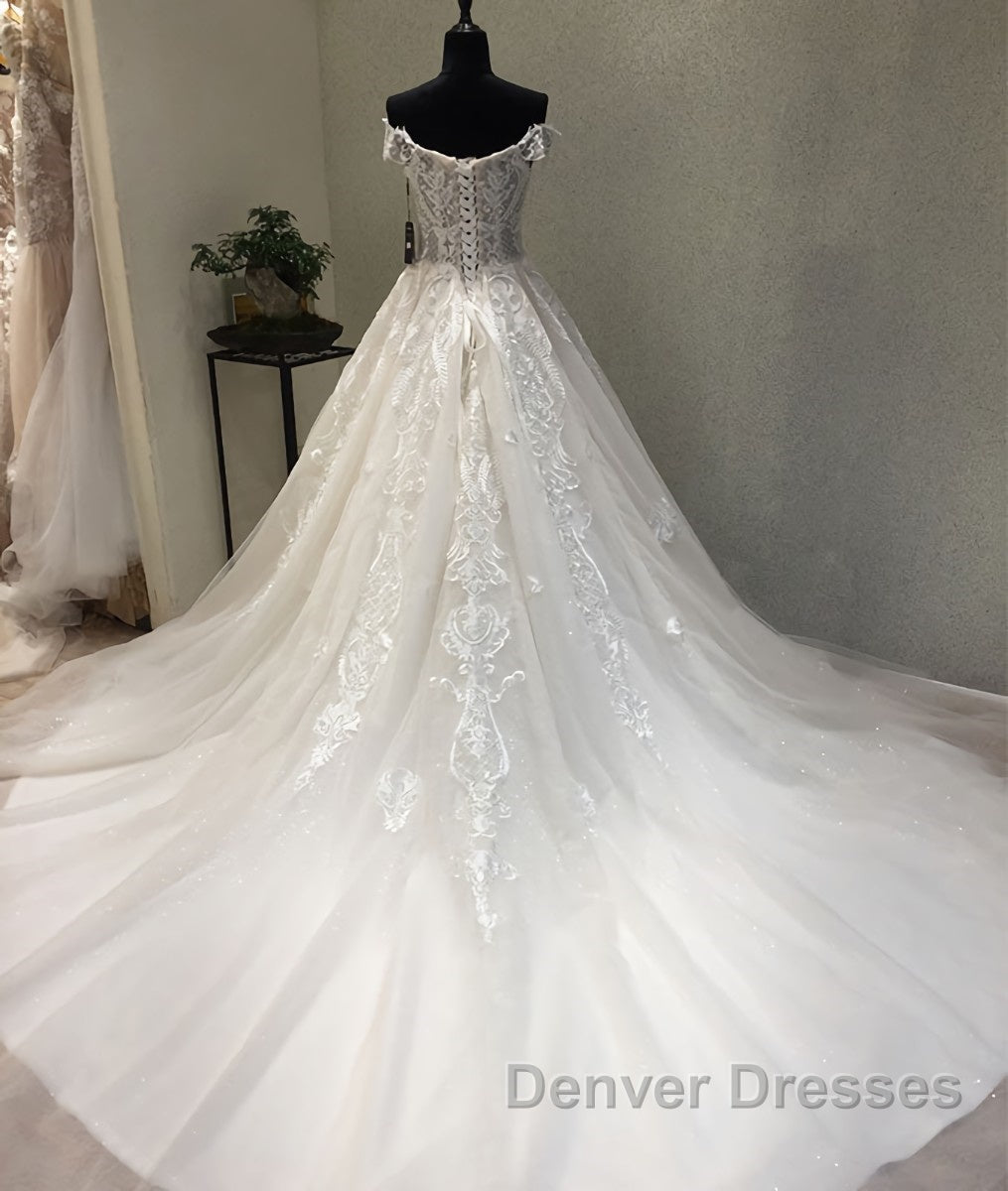 White sweetheart tulle lace applique long prom Dress, wedding Dress