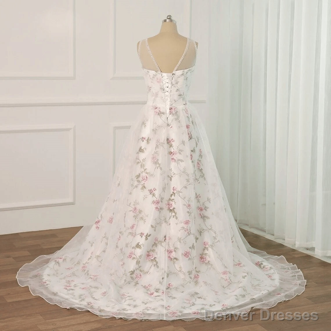 White Tulle and Floral Long Straps Formal Gown Beautiful White Party Dress prom dresses shops