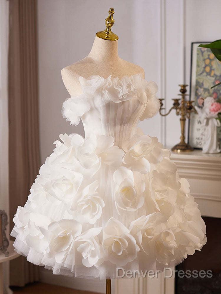 White Tulle Flower Ball Gown Short Prom Dress, Cute Sweet 16 Dress