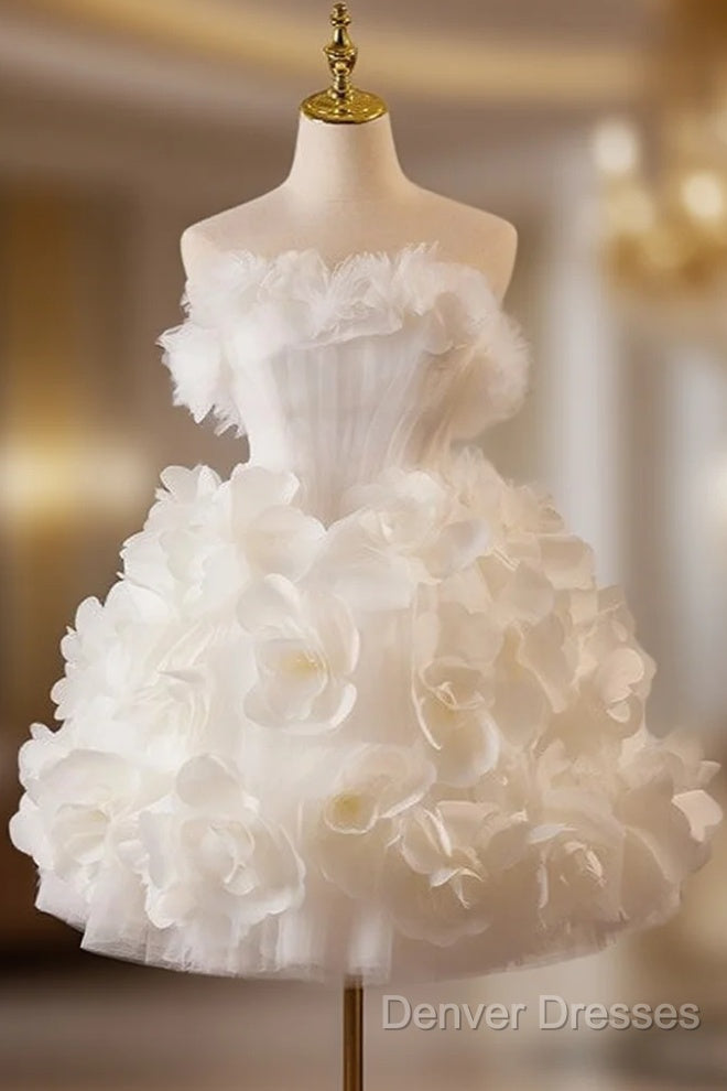 White Tulle Flower Ball Gown Short Prom Dress, Cute Sweet 16 Dress