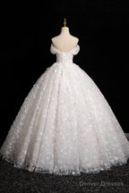 White Tulle Flowers Floor Length Prom Dresses, Beautiful A-Line Backless Sweet 16 Formal Dresses