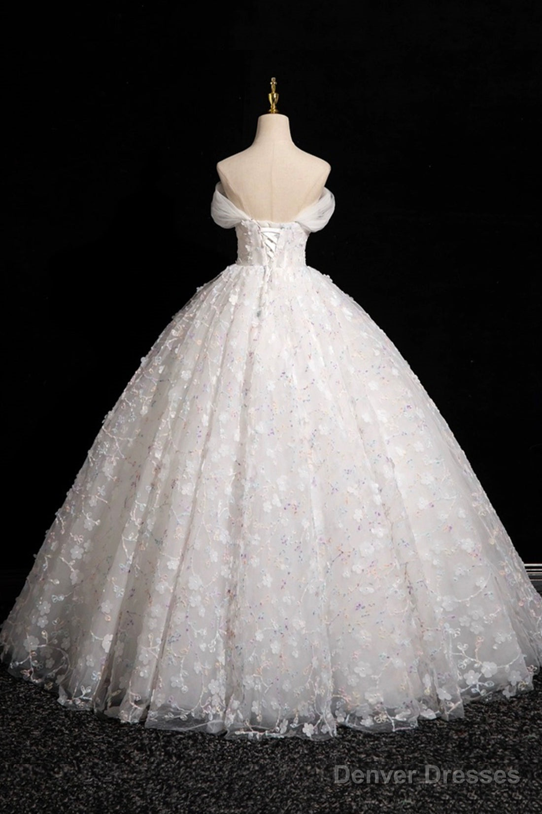 White Tulle Flowers Floor Length Prom Dresses, Beautiful A-Line Backless Sweet 16 Formal Dresses