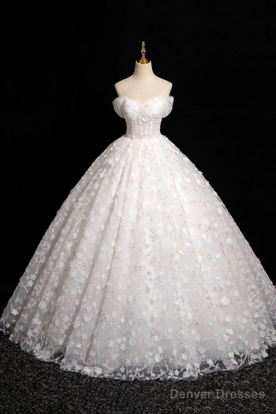 White Tulle Flowers Floor Length Prom Dresses, Beautiful A-Line Backless Sweet 16 Formal Dresses Main image