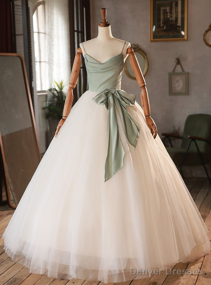 White Tulle Green Satin Spaghetti Straps Wedding Dress Main image