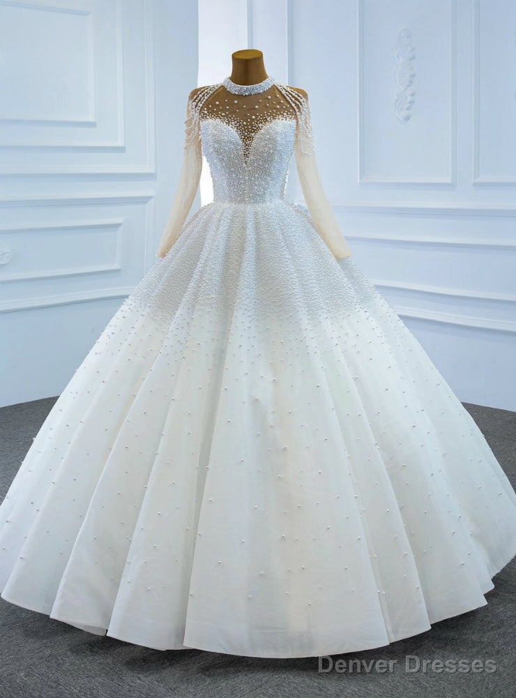 White Tulle High Neck Long Sleeve Pearls Wedding Dress Main image