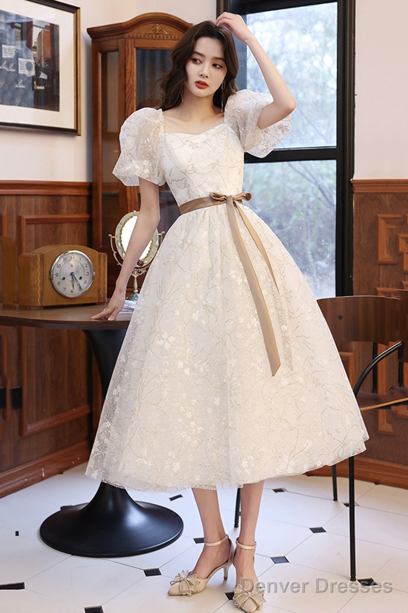White Tulle Knee Length Prom Dress, Cute Short Sleeve Homecoming Dress Main image