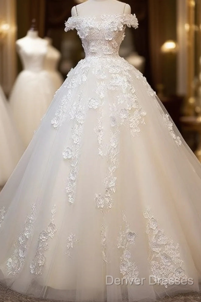 White Tulle Lace Applique Long Prom Dress, White Lace Wedding Dress Main image