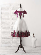 White Tulle Lace Applique Short Prom Dress, Tulle Homecoming Dress