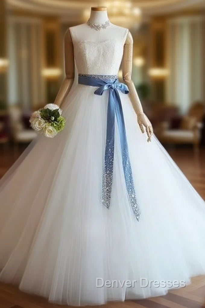 White Tulle Lace Long Pom Dress, White Tulle Wedding Dress Main image