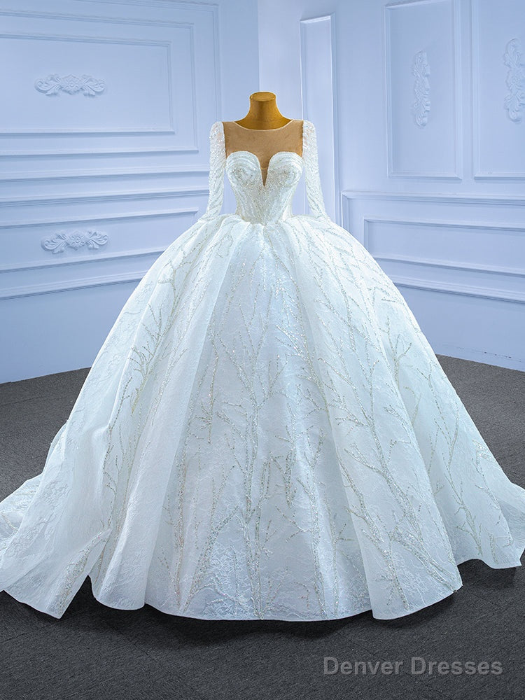 White Tulle Lace Long Sleeve Sequins Appliques Wedding Dress Main image