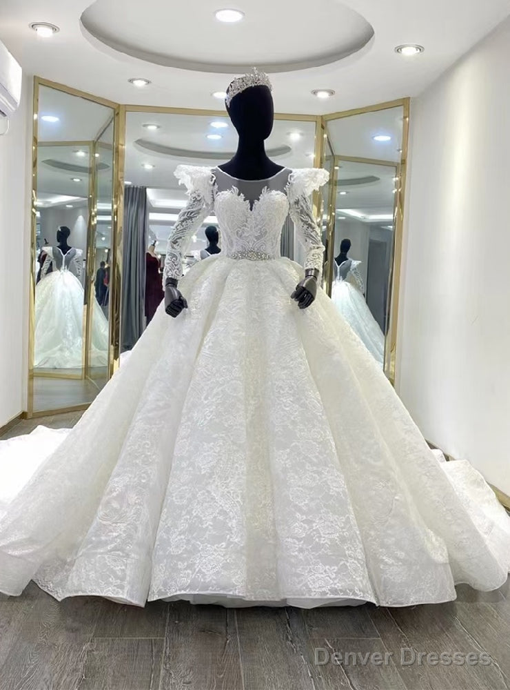 White Tulle Lace Long Sleeve Wedding Dress Main image