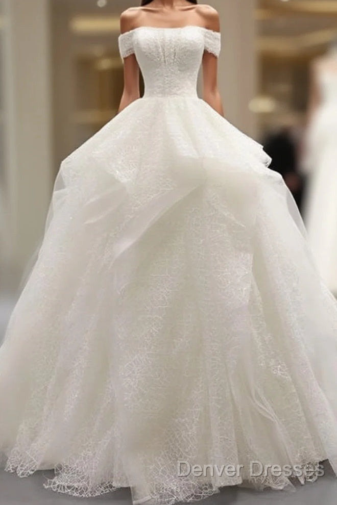 White Tulle Lace Off Shoulder Long Prom Dress White Lace Wedding Dress Main image