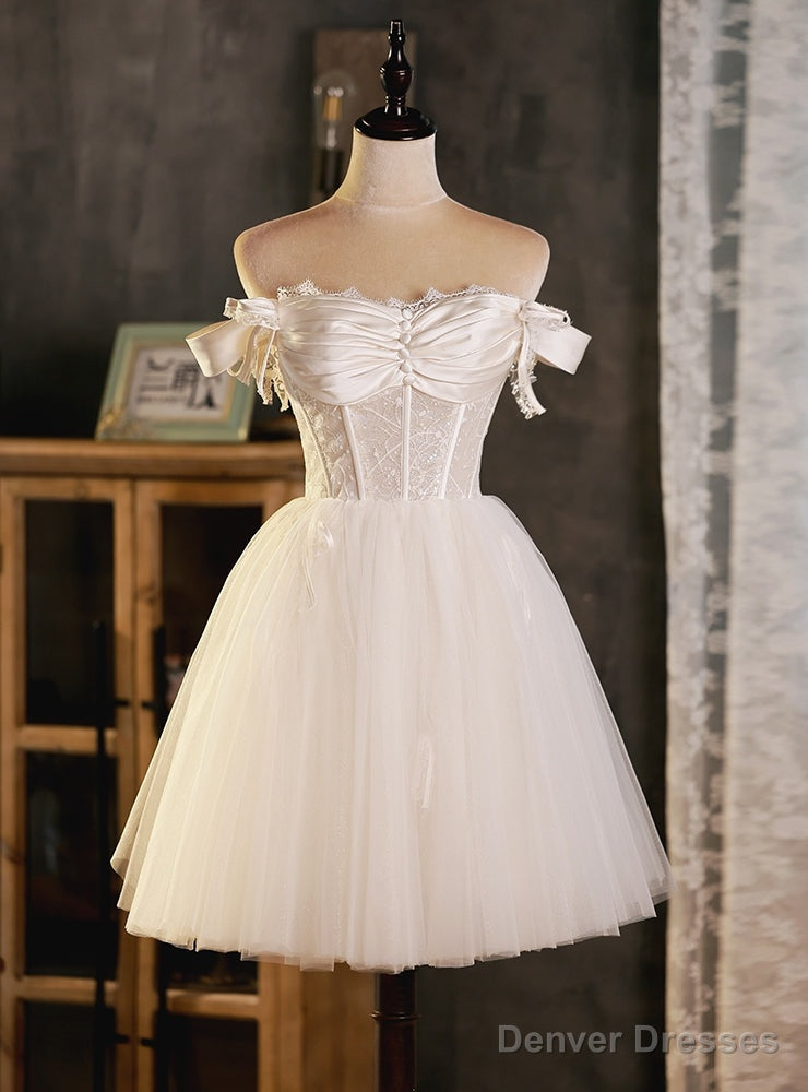 White Tulle Lace Off the Shoulder Button Homecoming Dress