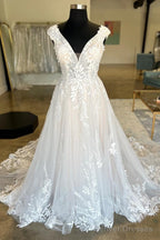 White Tulle Lace Plunge V Backless Long Bridal Gown Sexy
