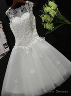 White Tulle Lace Round Neckline Knee Length Graduation Dresses, White Short Prom Dresses Party Dresses