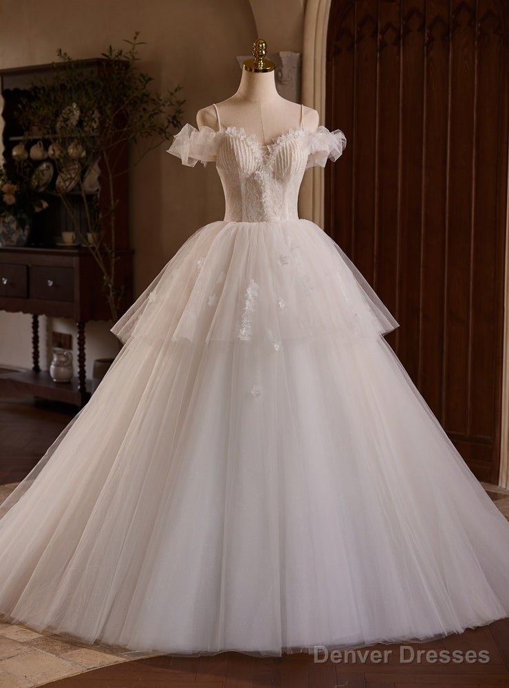 White Tulle Lace Spaghetti Straps Beading Wedding Dress Main image